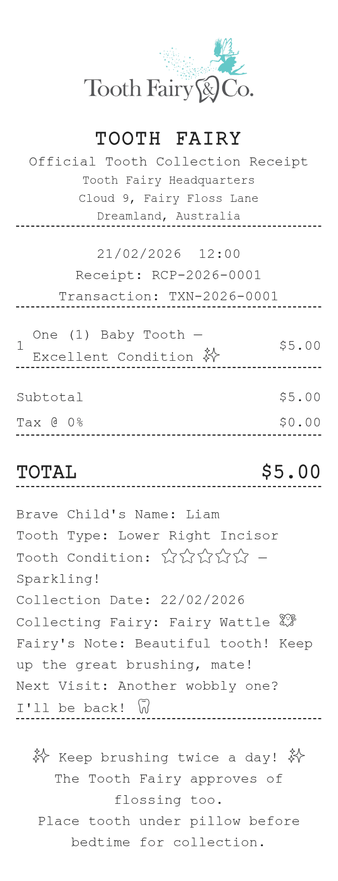 Tooth Fairy Receipt (Australia) — example receipt