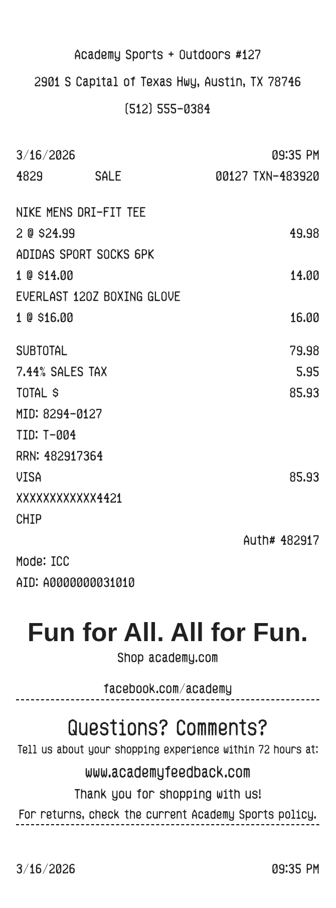 Academy Sports + Outdoors — example receipt