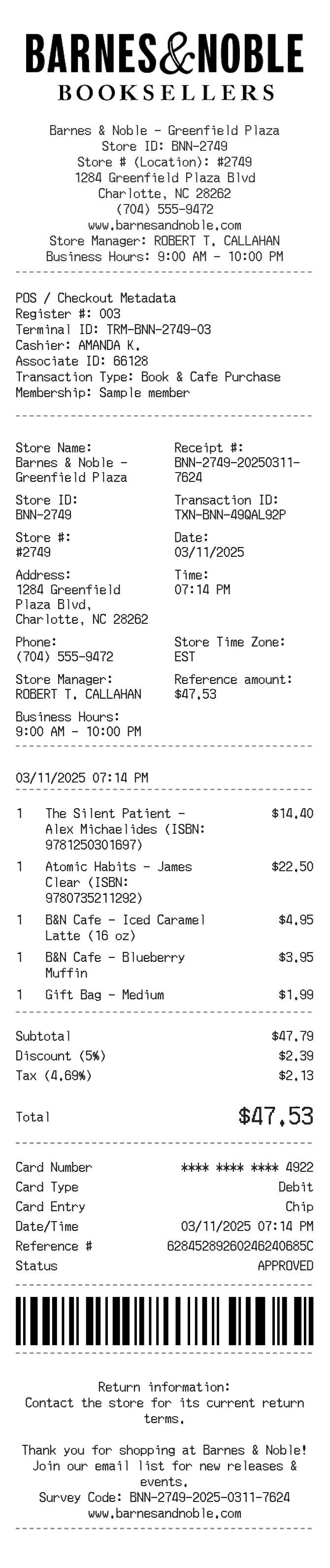 Barnes & Noble Receipt — example receipt