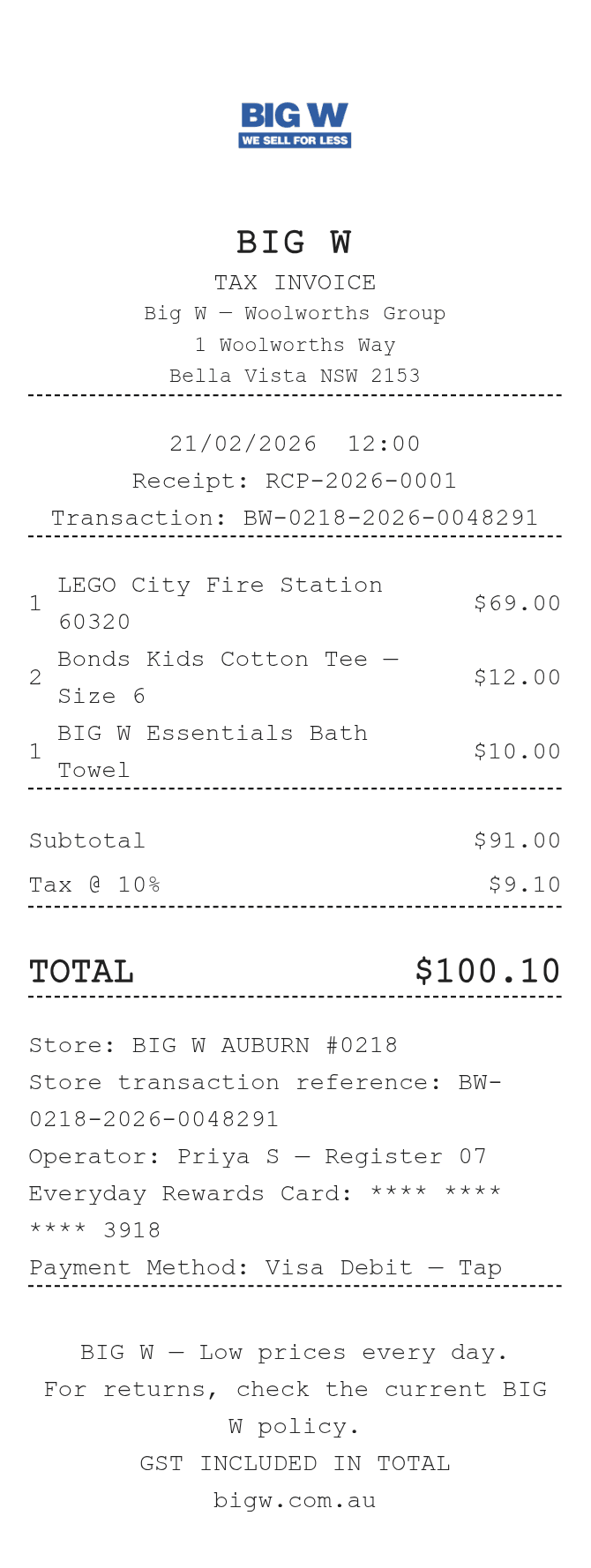 Big W Receipt — example receipt