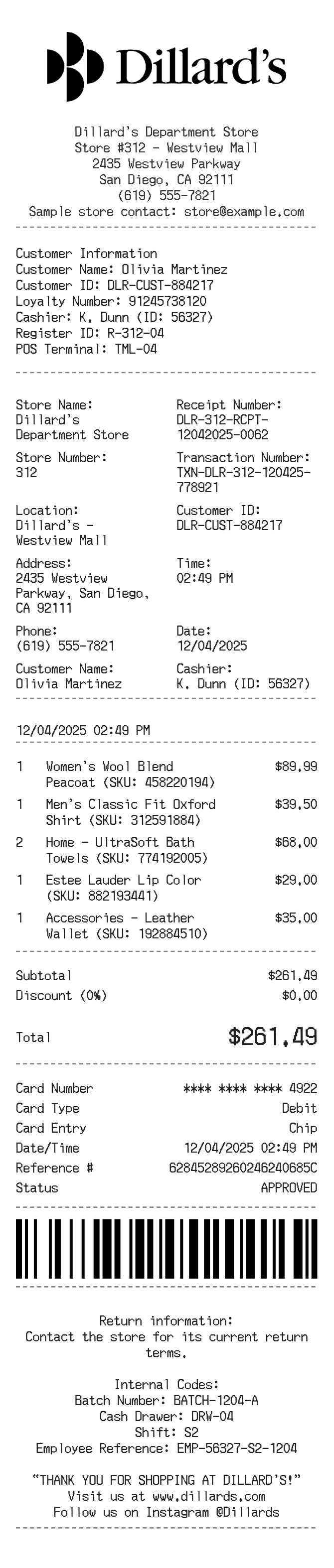 Dillards Receipt — example receipt