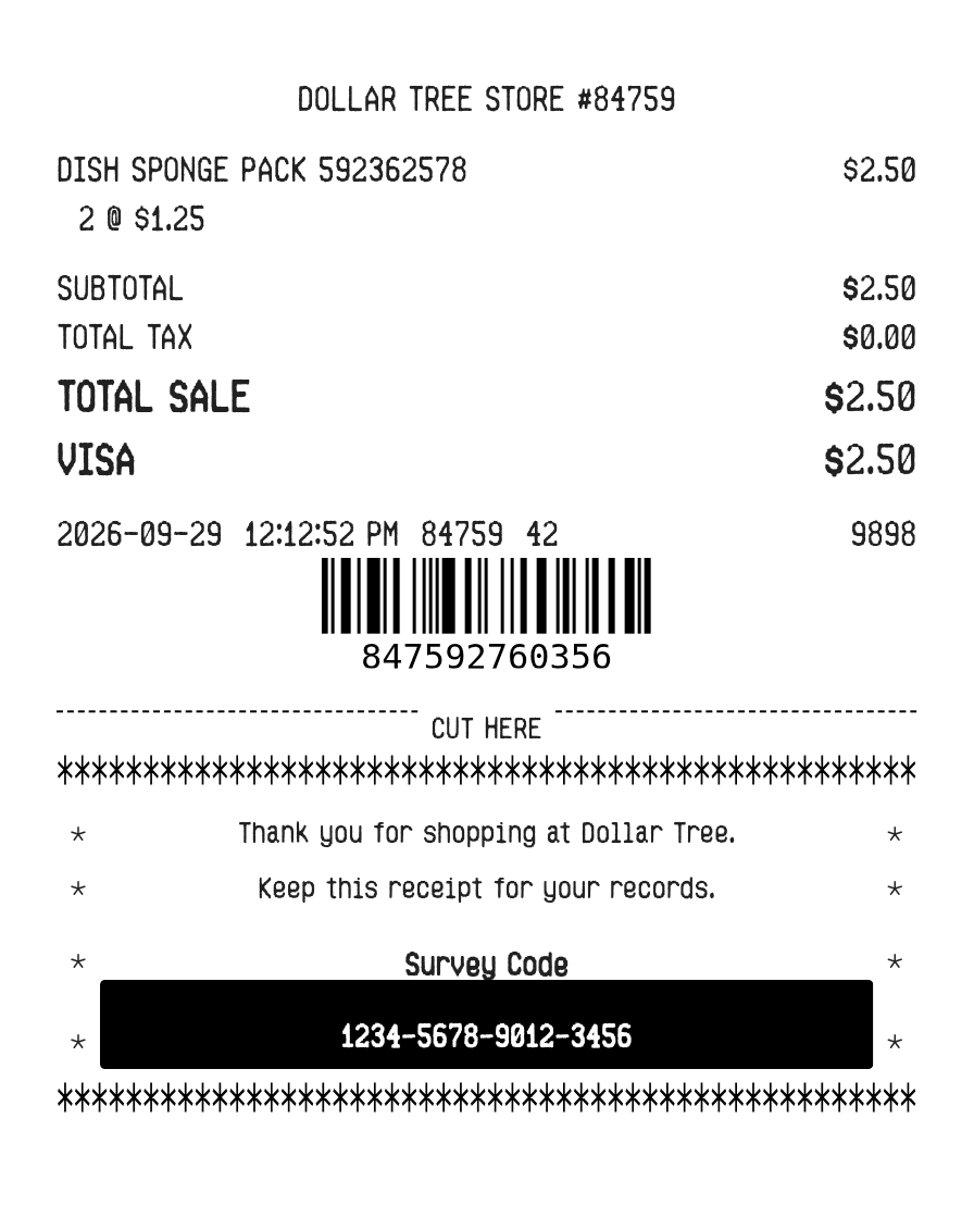 Dollar Tree Receipt — example receipt