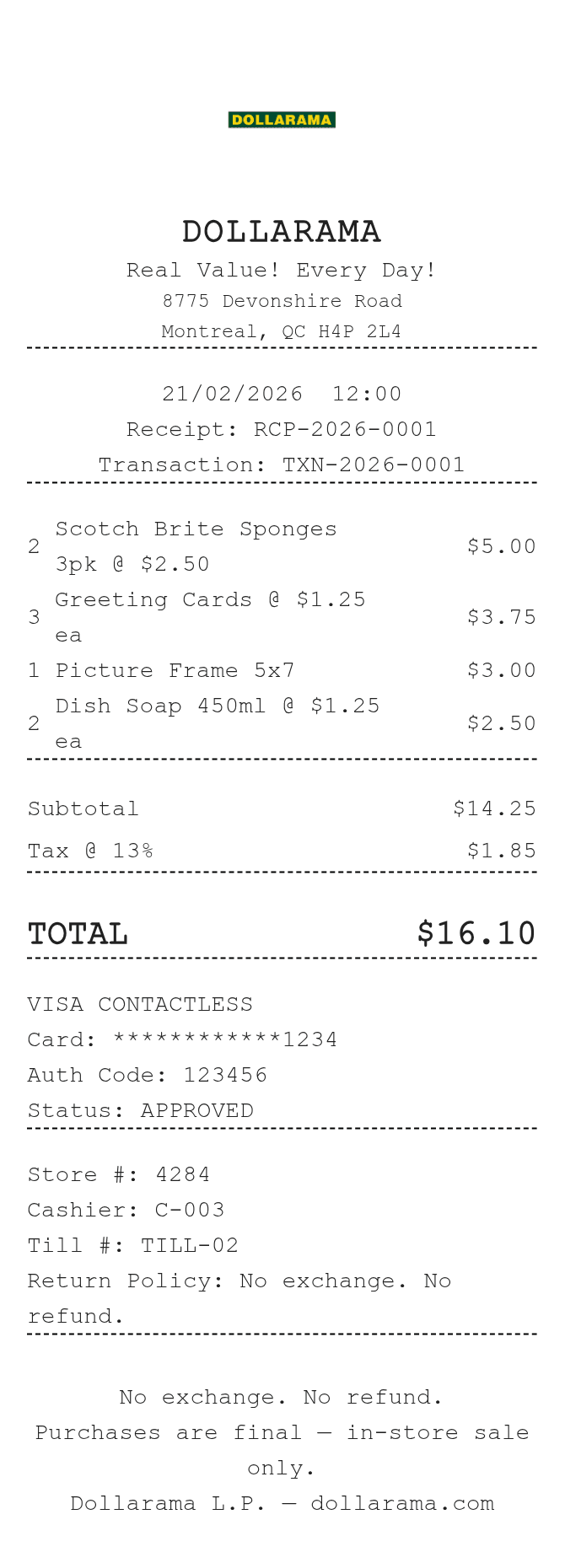 Dollarama Canada Receipt — example receipt