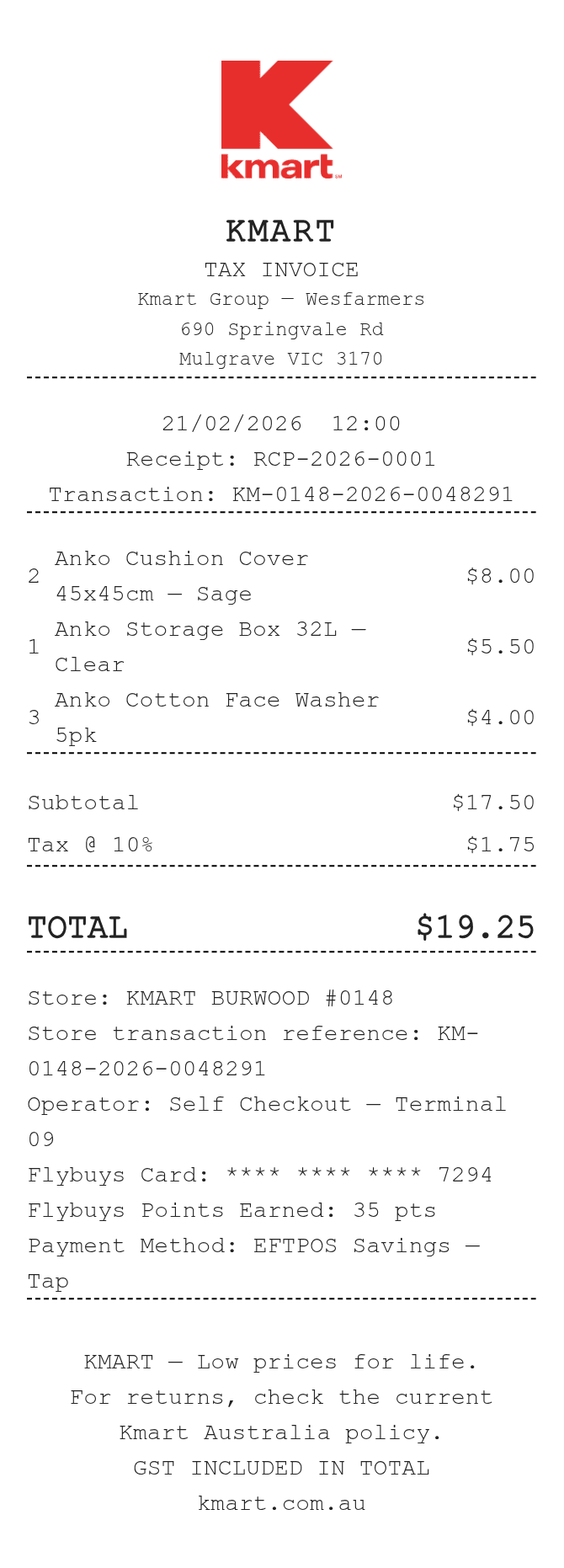 Kmart Receipt — example receipt