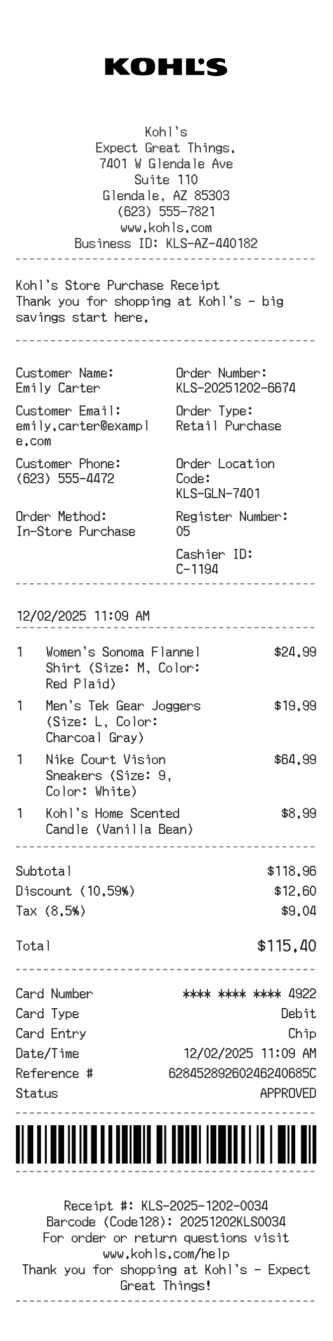 Kohl's Receipt — example receipt
