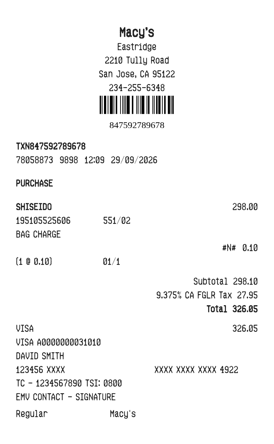 Macy's Receipt — example receipt