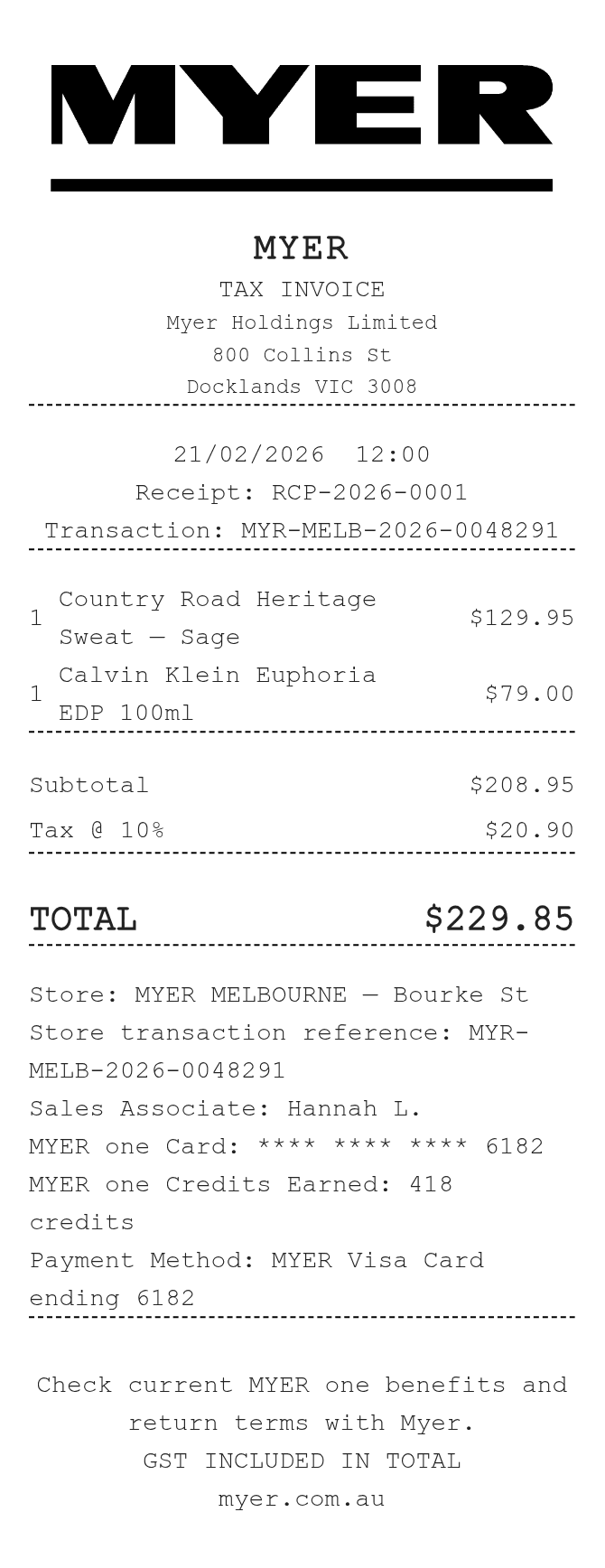 Myer Receipt — example receipt