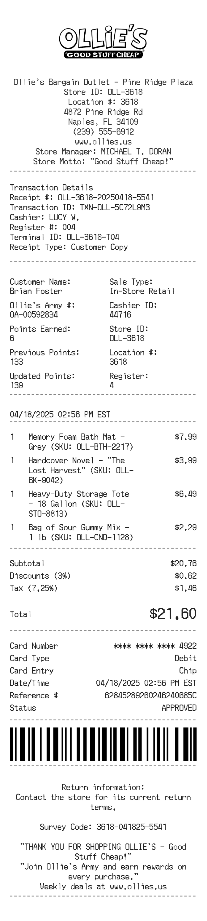 Ollie's Receipt — example receipt