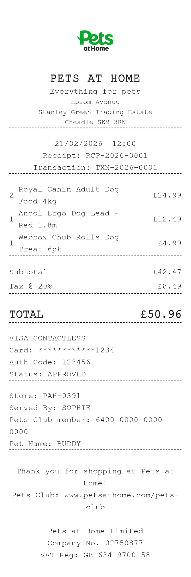 Pets At Home Receipt — example receipt