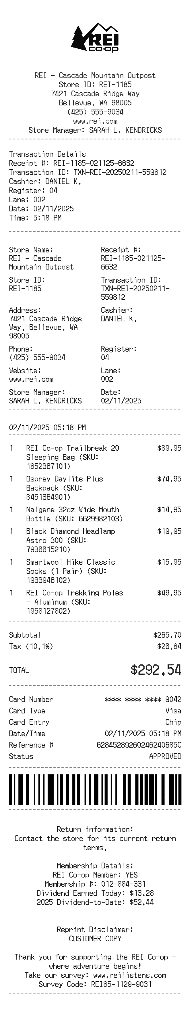 Rei Receipt — example receipt