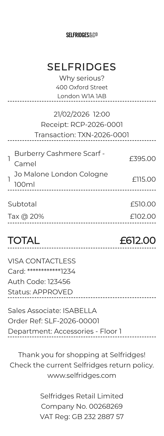 Selfridges Receipt — example receipt