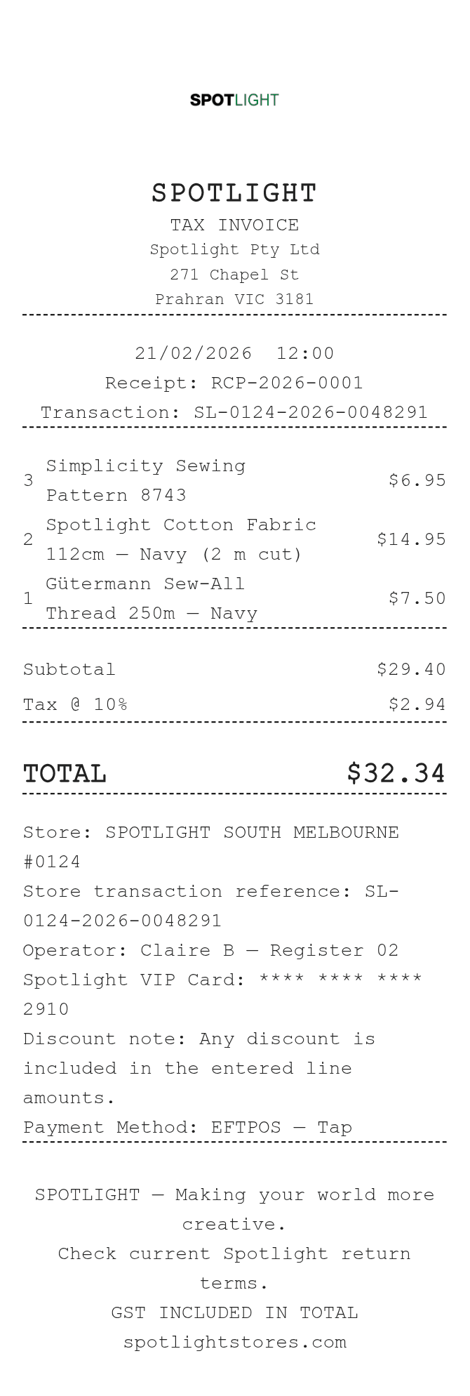 Spotlight Receipt — example receipt