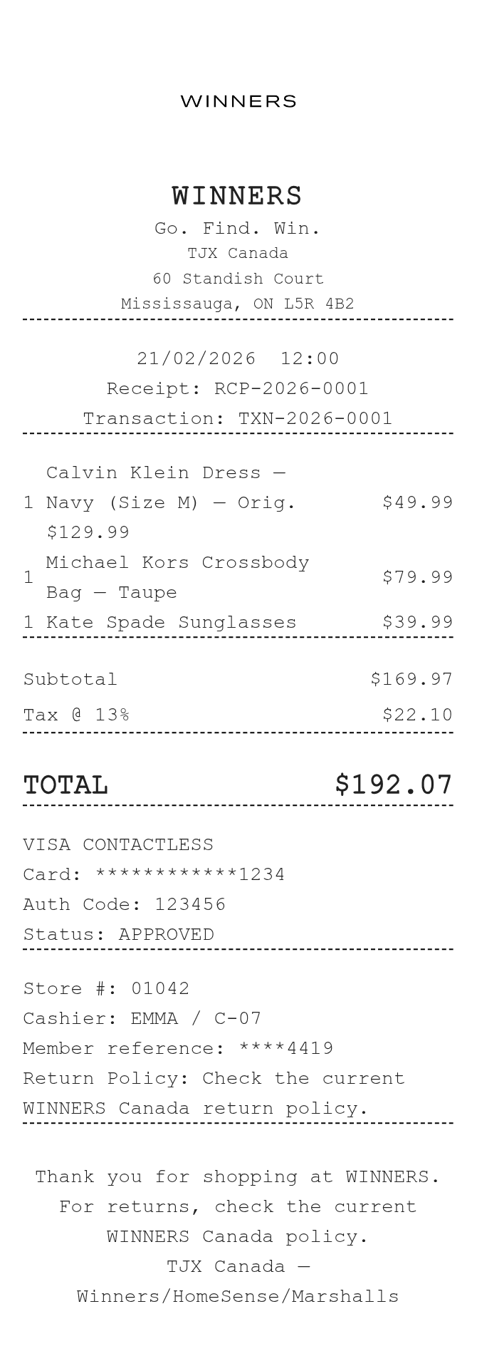 Winners Canada Receipt — example receipt
