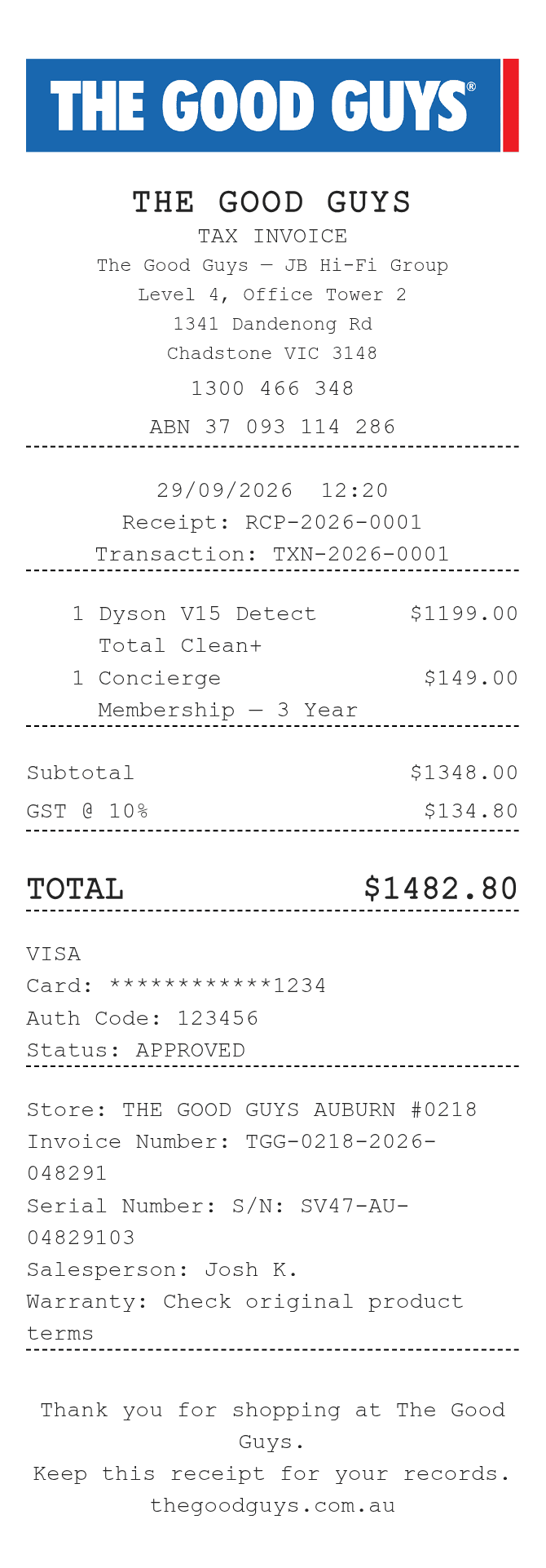 Good Guys Receipt — example receipt