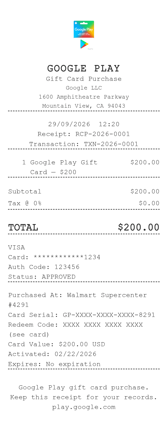 Google Play Card Receipt — example receipt