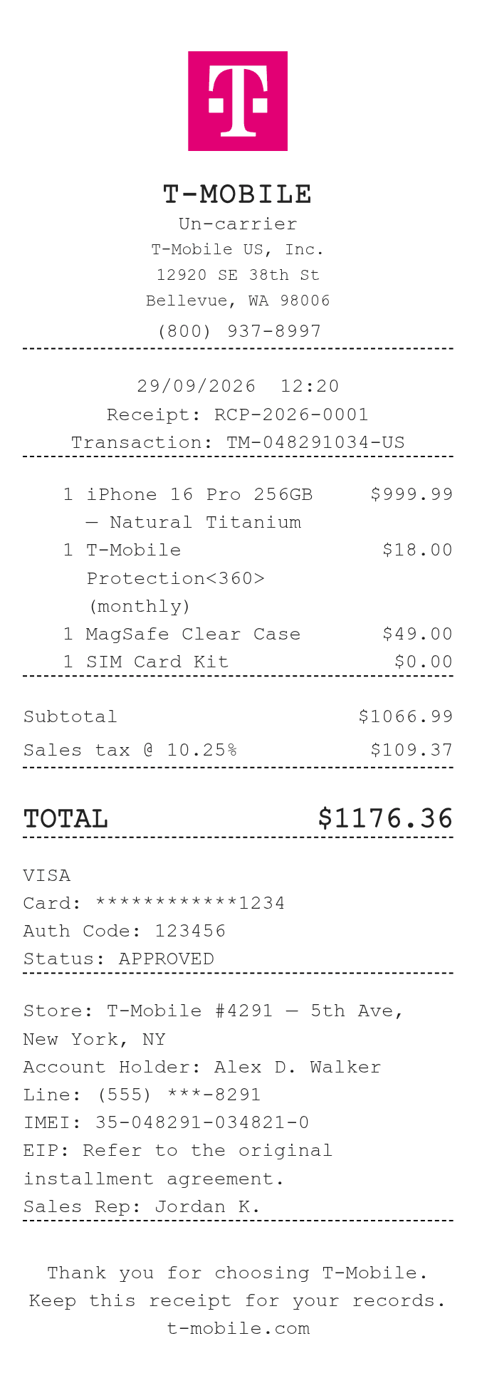 T Mobile Receipt — example receipt