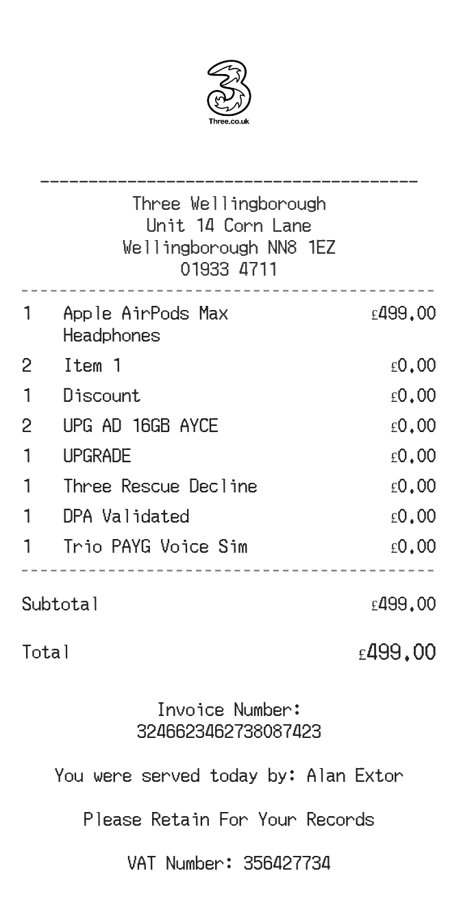Three Receipt — example receipt