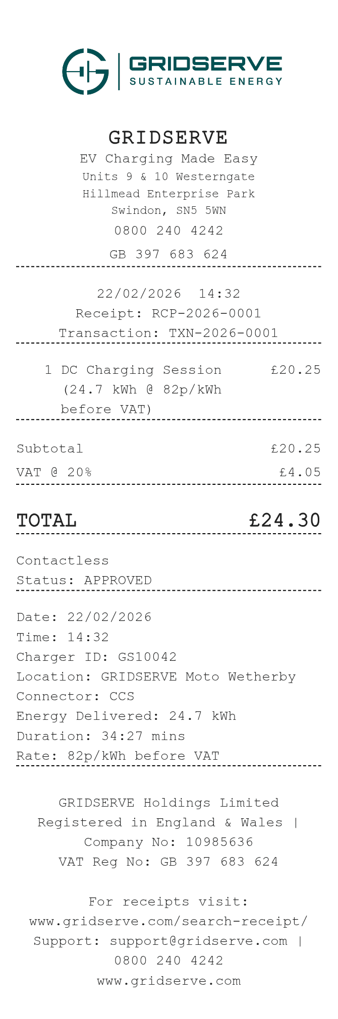 Gridserve Receipt — example receipt