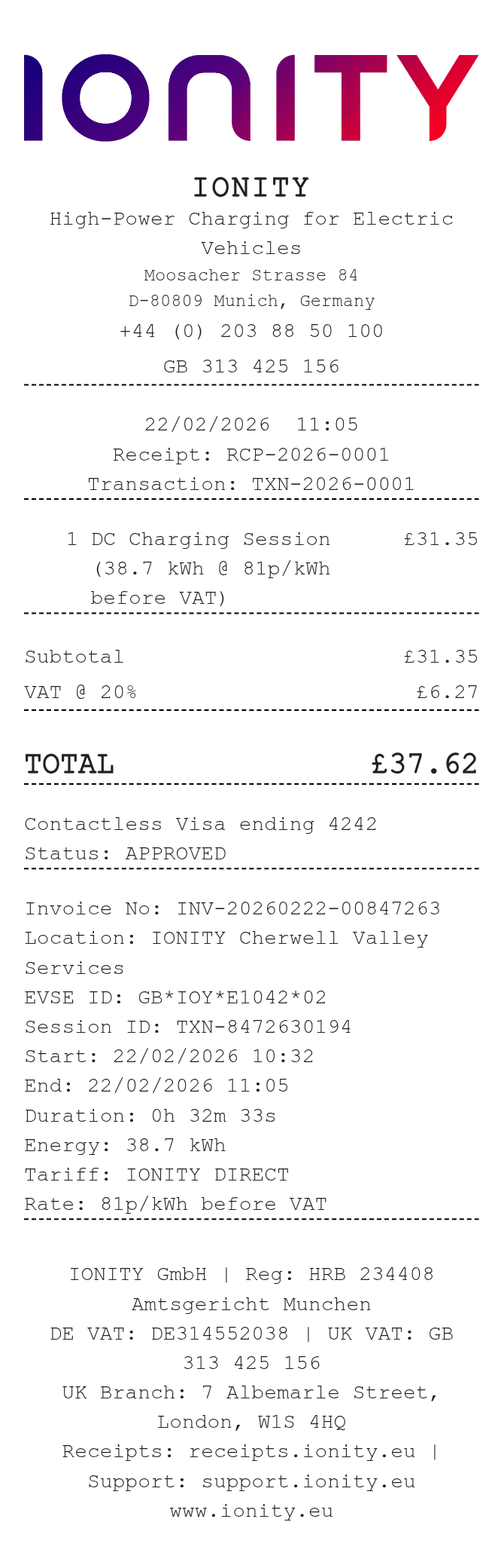 Ionity Receipt — example receipt