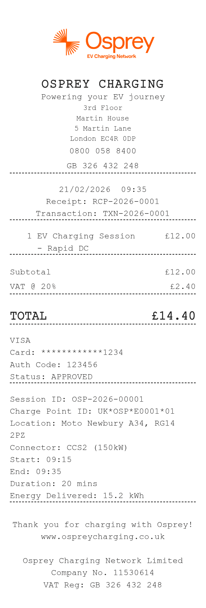 Osprey Charging Receipt — example receipt