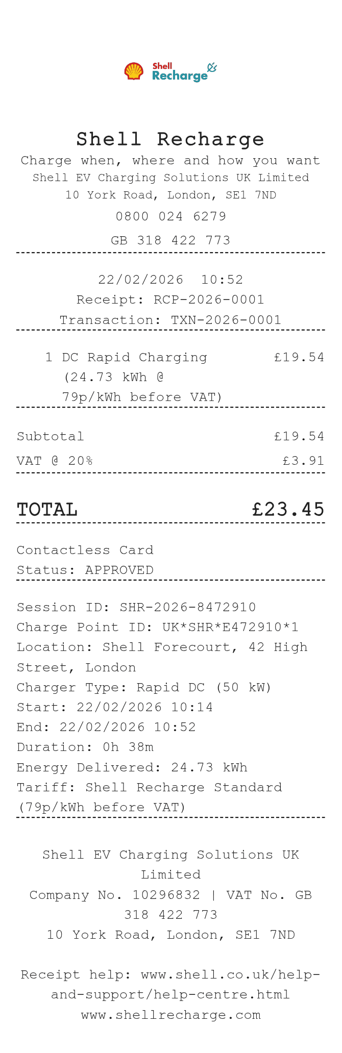 Shell Recharge Receipt — example receipt