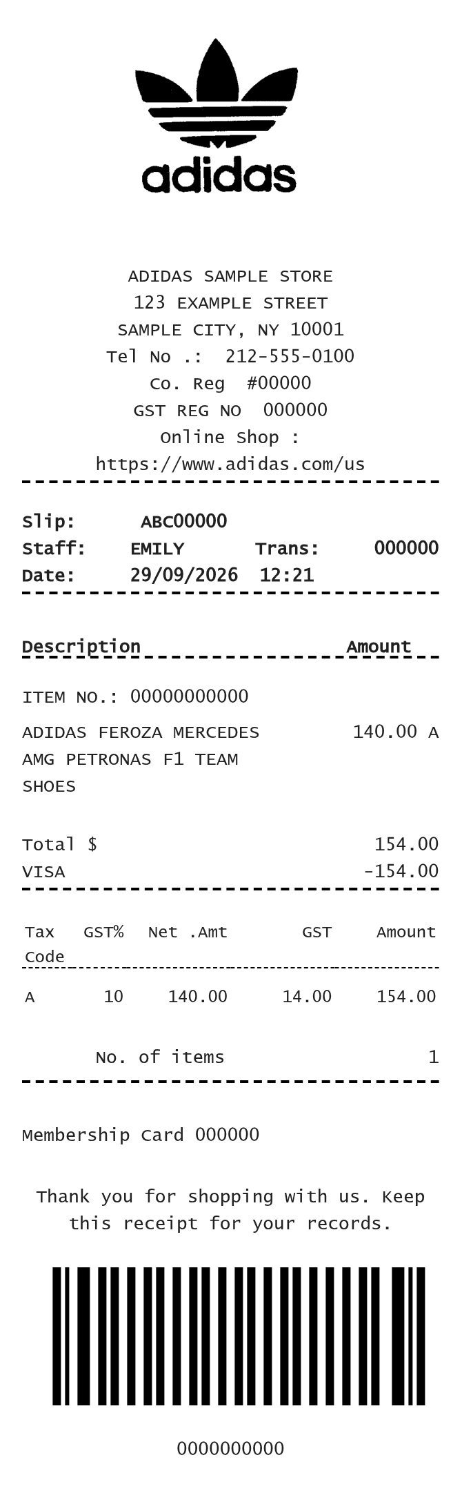 Adidas Receipt — example receipt