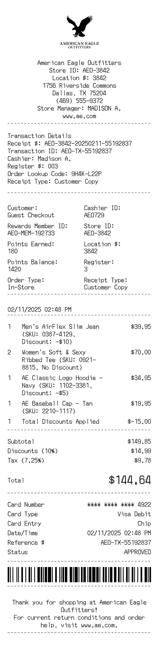American Eagle Receipt — example receipt