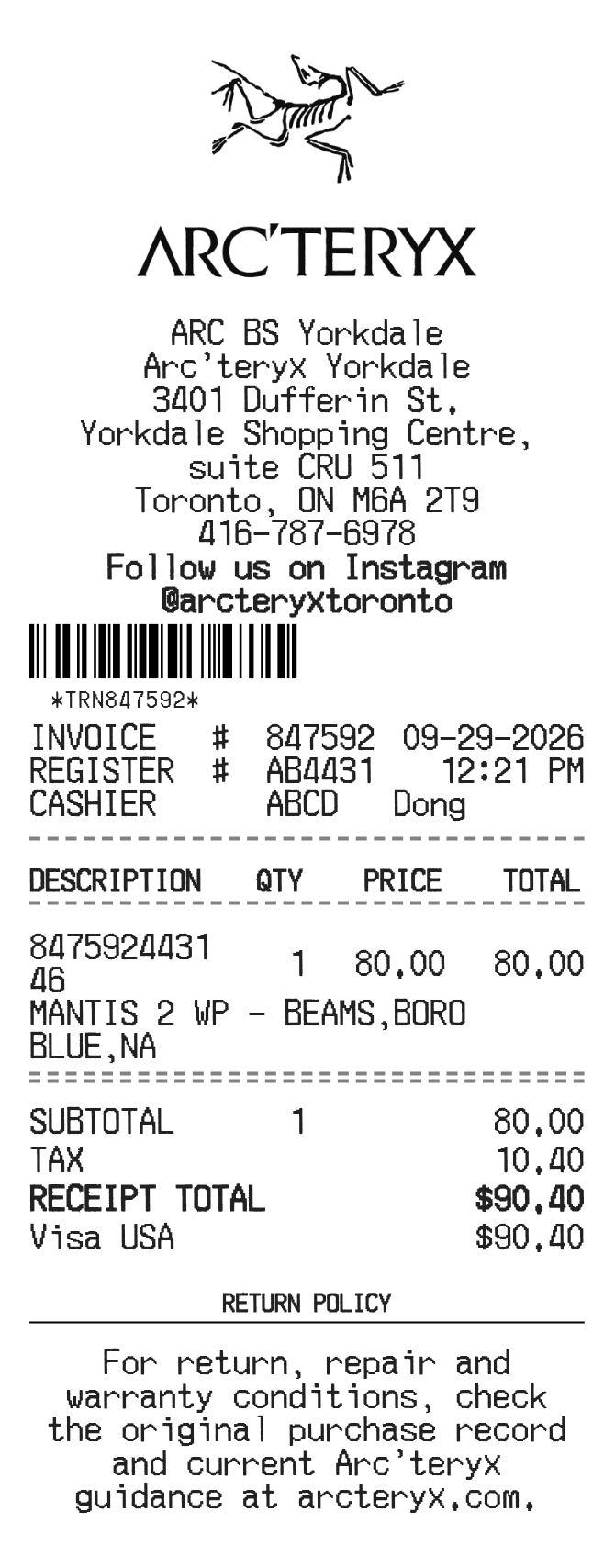 Arcteryx Receipt — example receipt