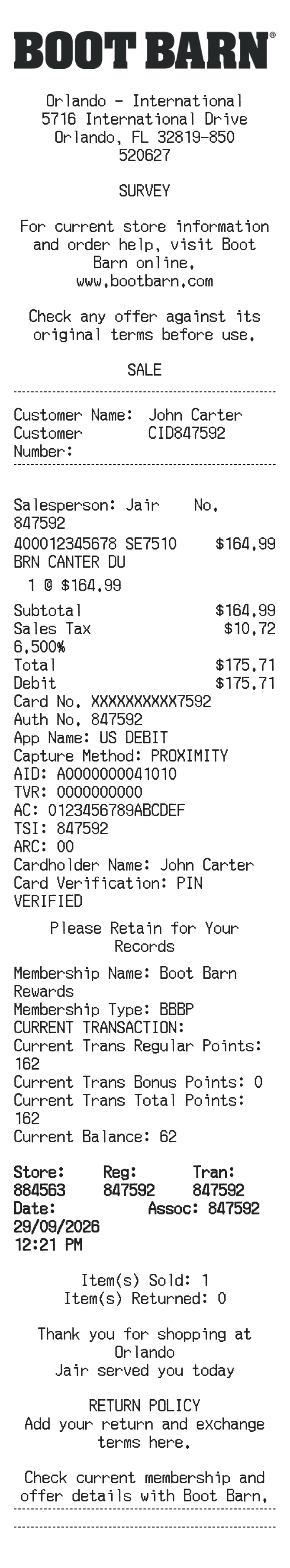 Boot Barn Receipt — example receipt