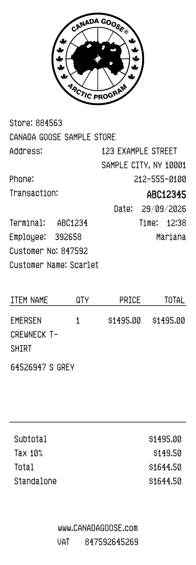 Canada Goose Sample Receipt — example receipt