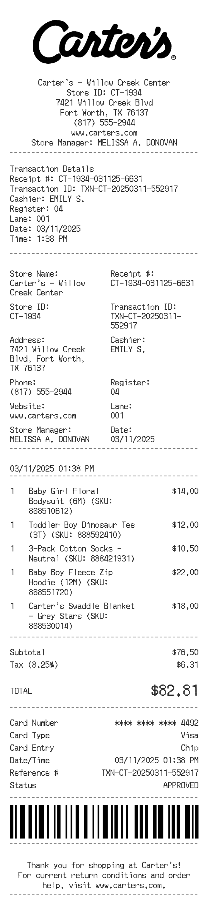 Carter's Receipt — example receipt