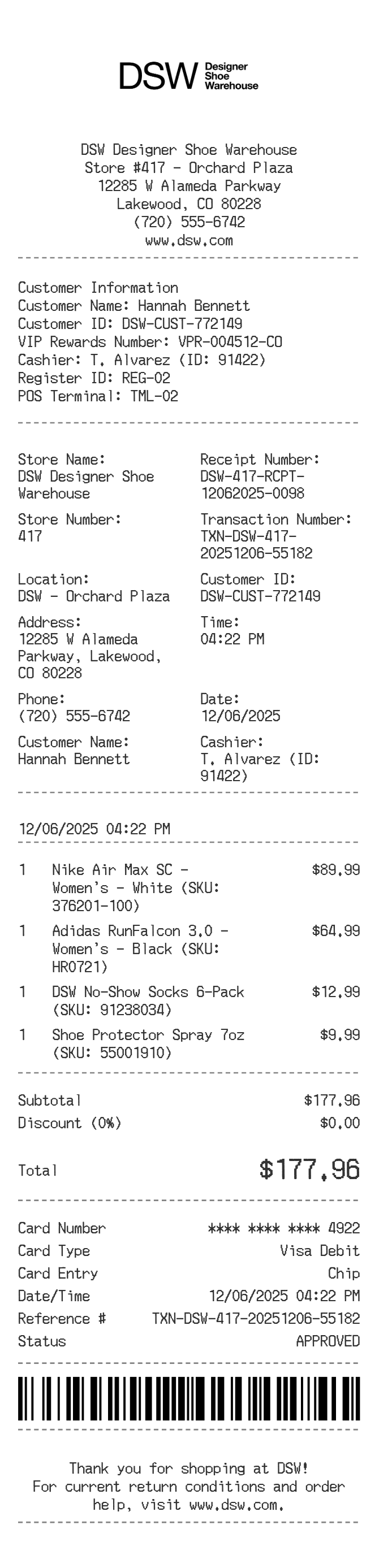 DSW Receipt — example receipt