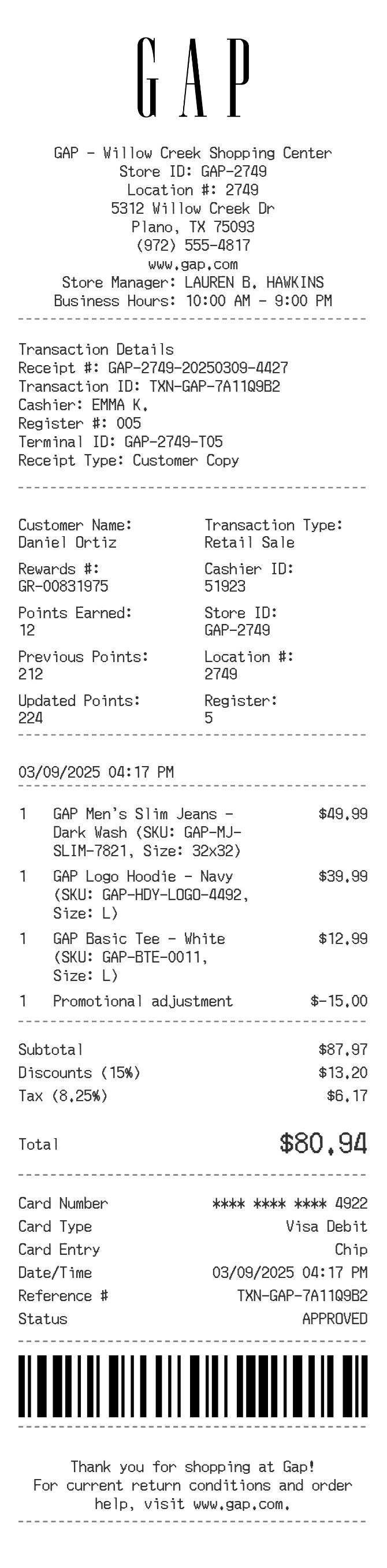 Gap Receipt — example receipt