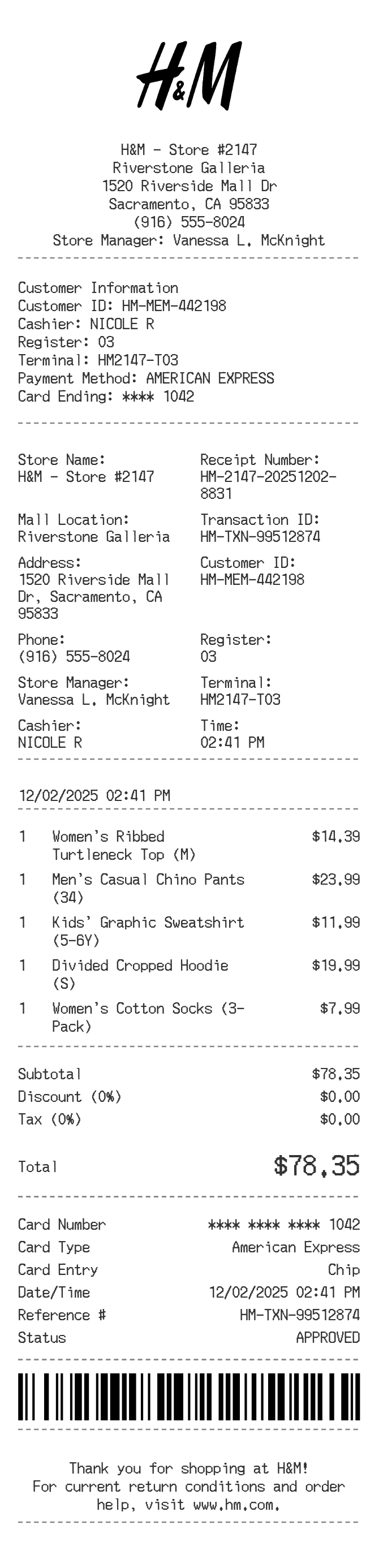 H&M Receipt — example receipt