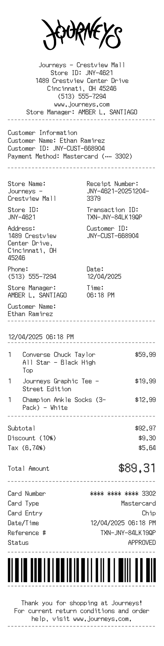 Journeys Receipt — example receipt
