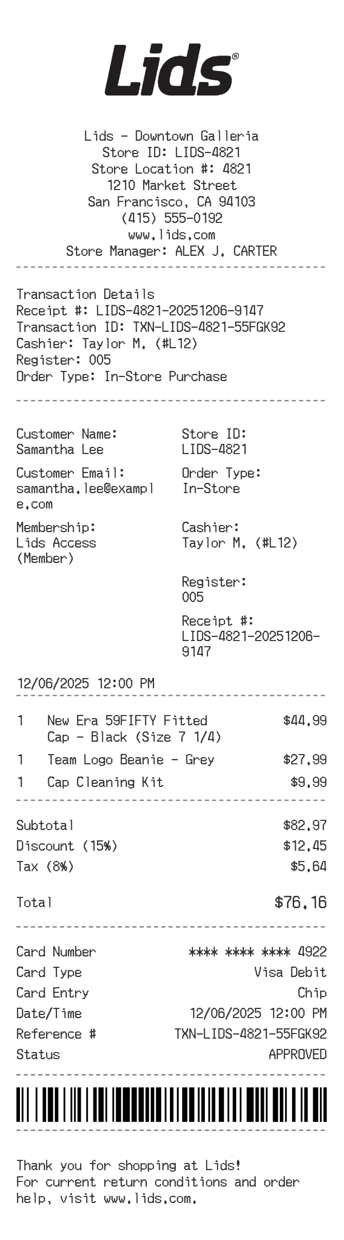 Lids Receipt — example receipt