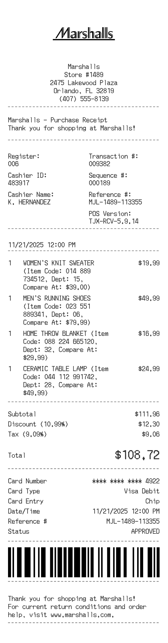Marshalls Receipt — example receipt
