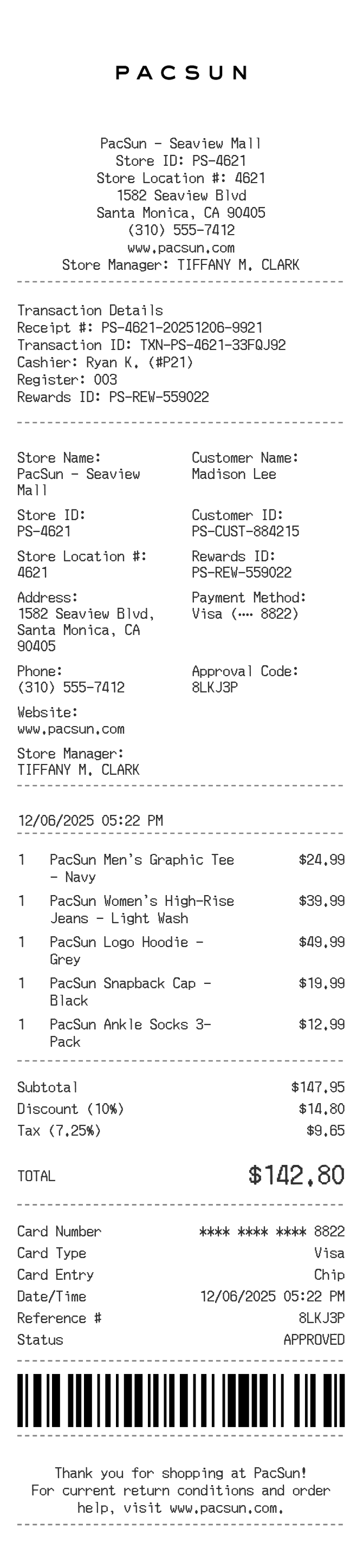 Pacsun Receipt — example receipt
