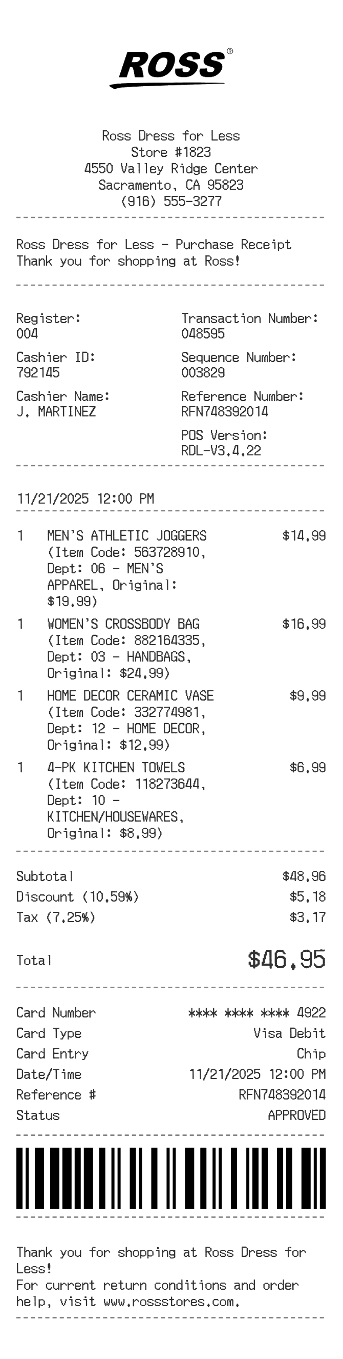 Ross Receipt — example receipt
