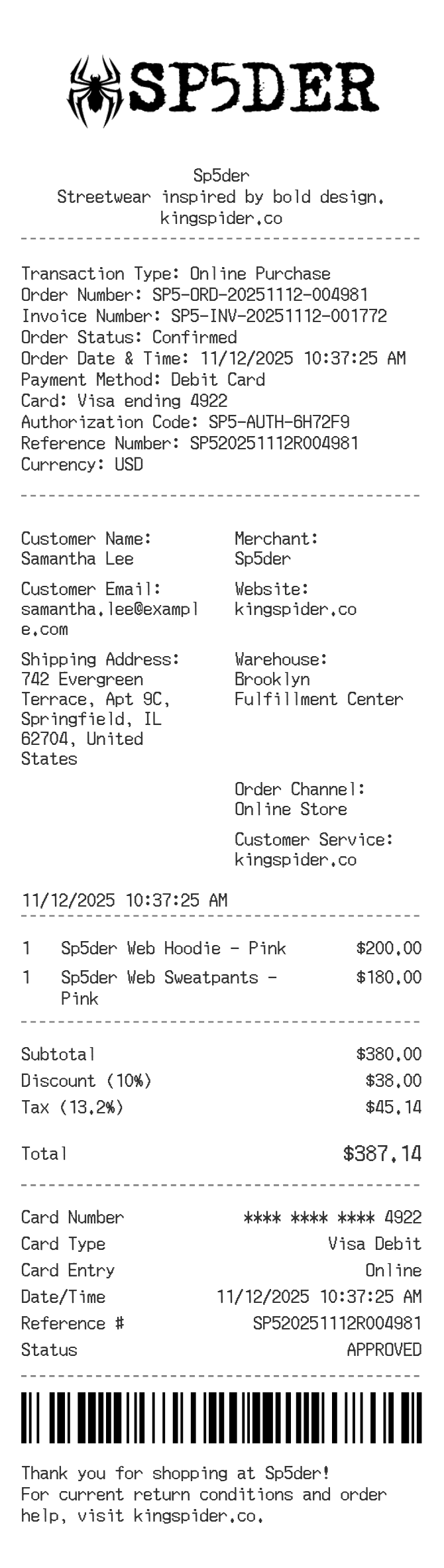 Sp5der Receipt — example receipt
