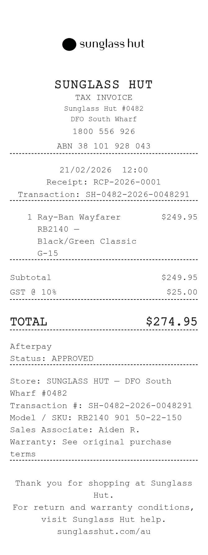 Sunglass Hut Receipt — example receipt
