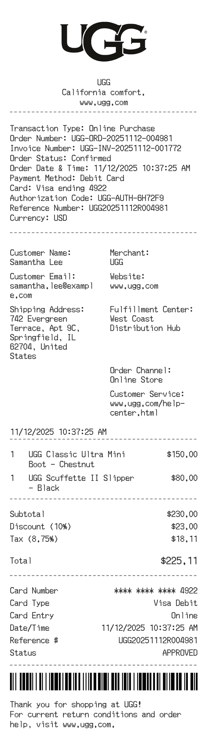 UGG Receipt — example receipt