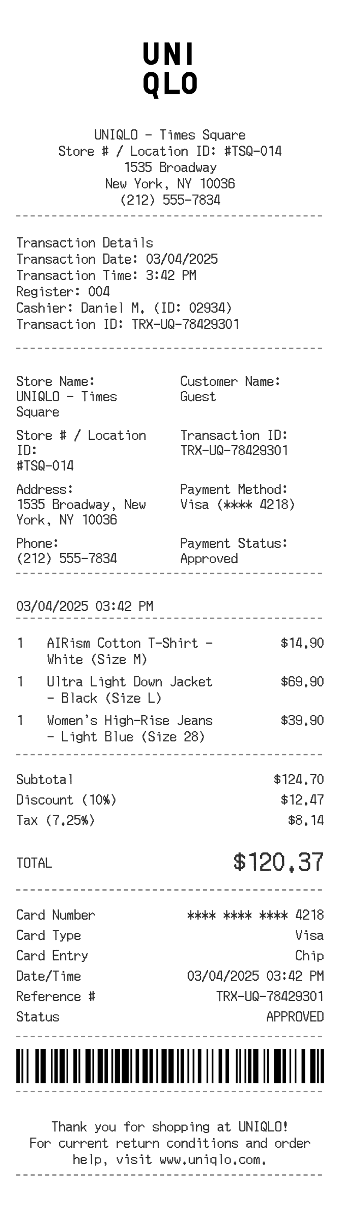 Uniqlo Receipt — example receipt