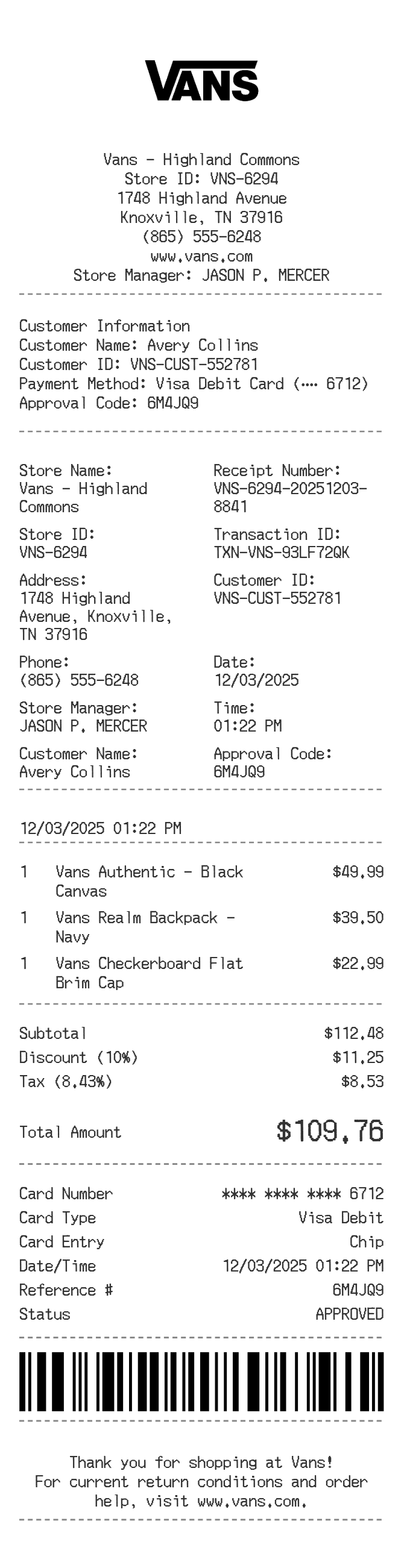 Vans Receipt — example receipt