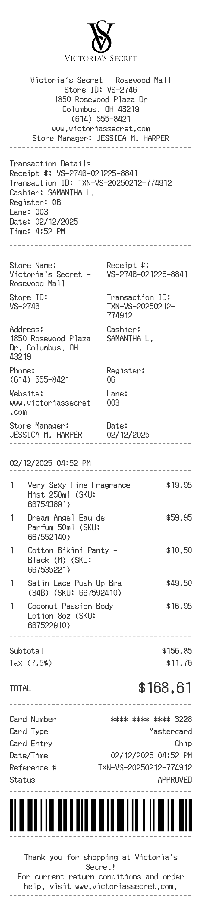 Victoria Secret Receipt — example receipt