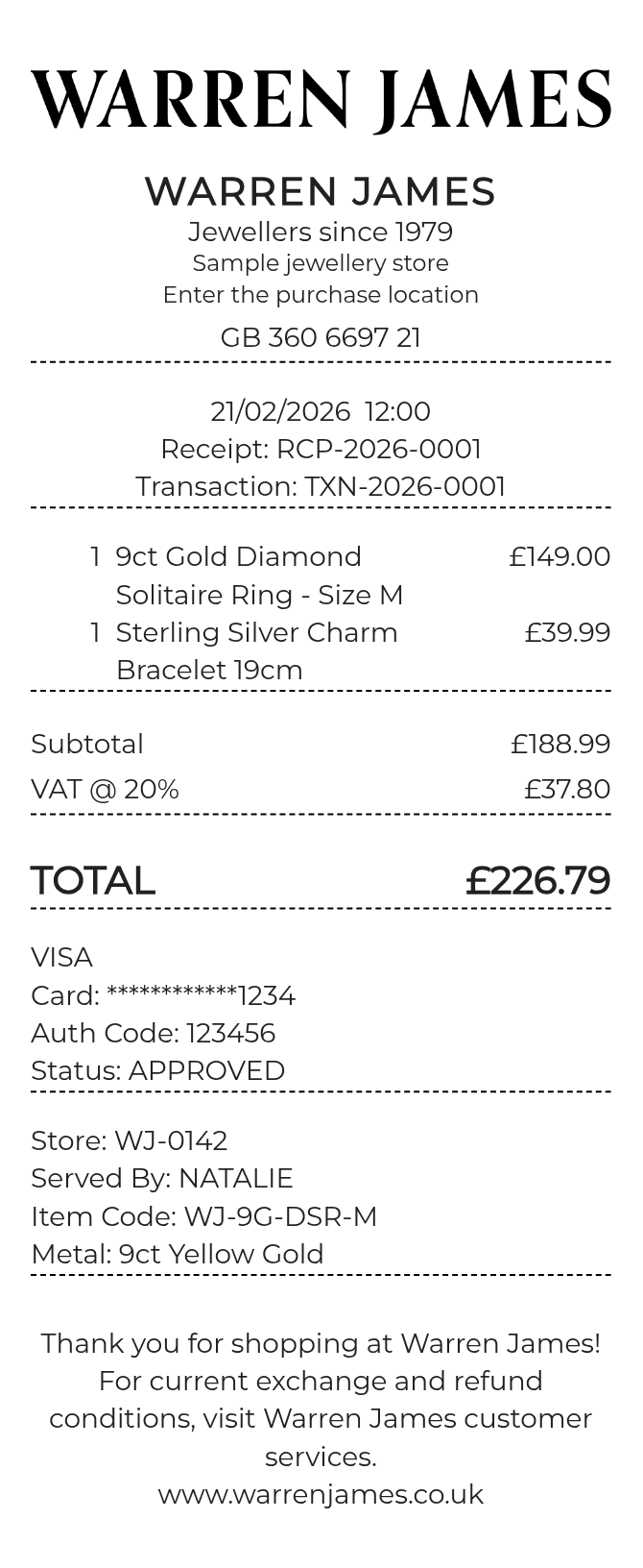 Warren James Receipt — example receipt