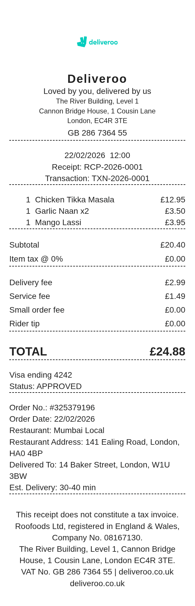 Deliveroo Receipt — example receipt