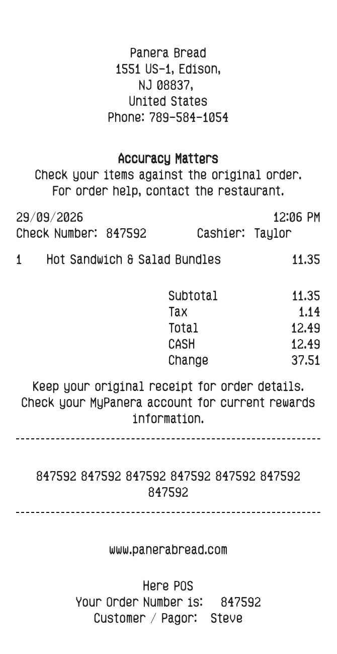 Panera Bread Receipt — example receipt