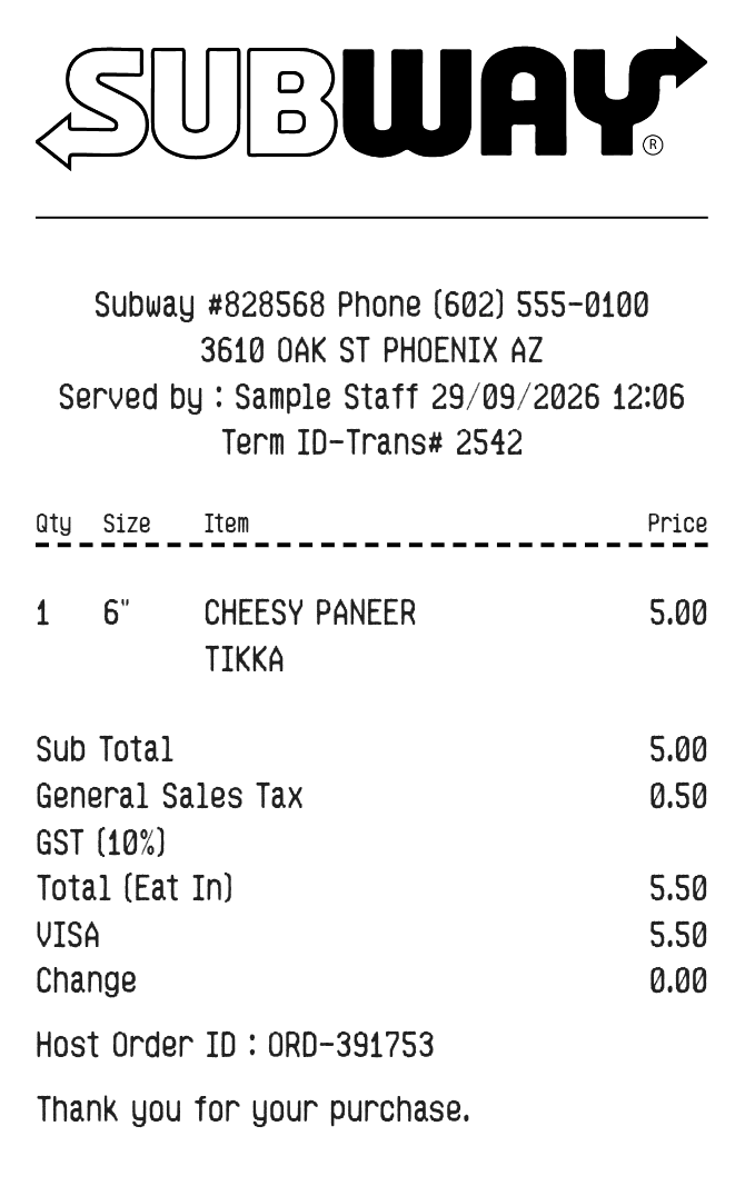 Subway Receipt — example receipt