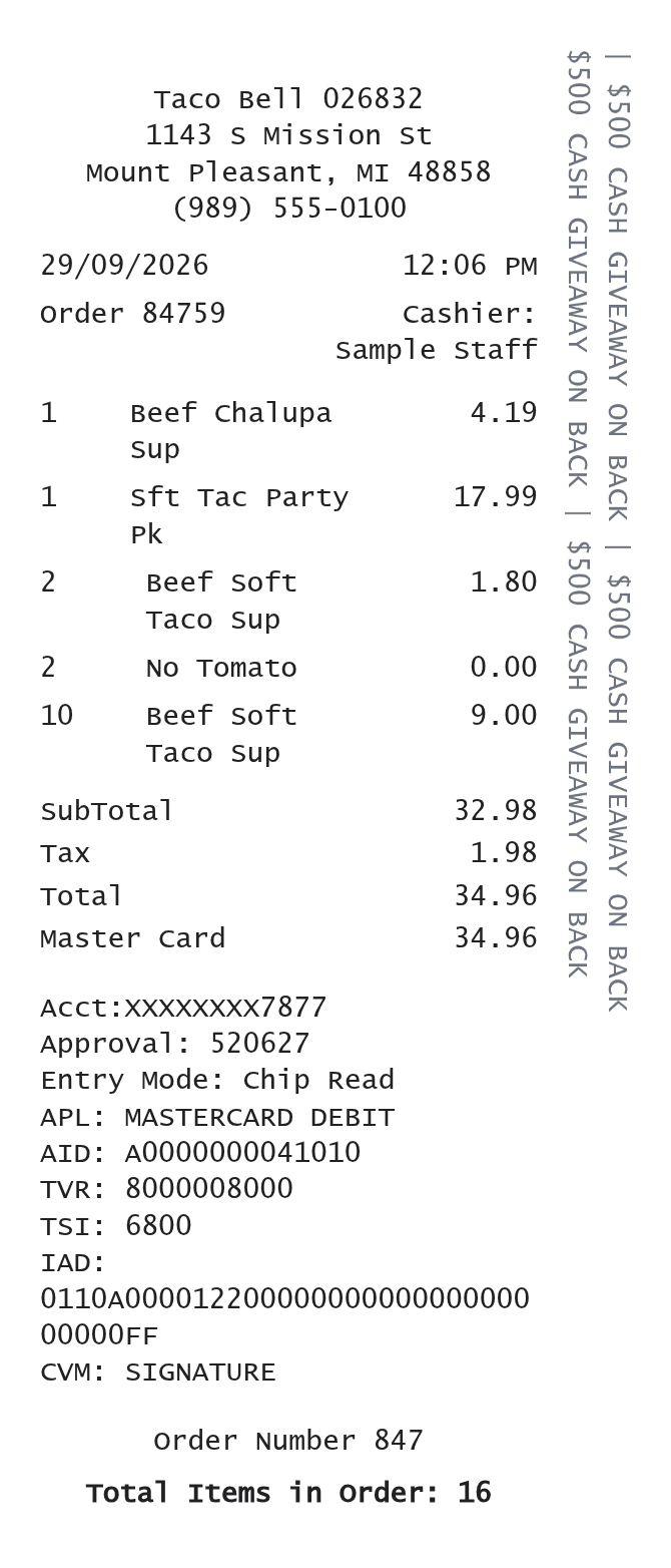 Taco Bell Receipt — example receipt